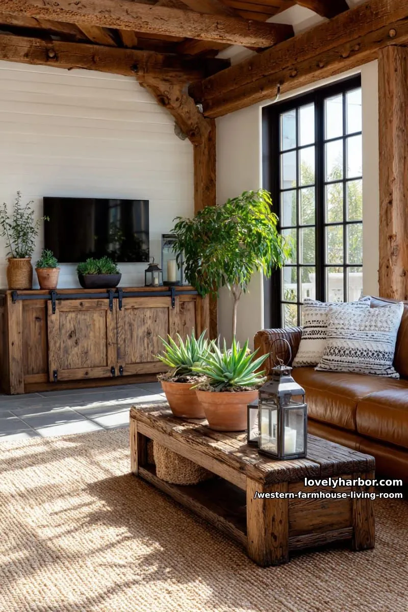 barn door tv console with galvanized accents and potted succulents 1