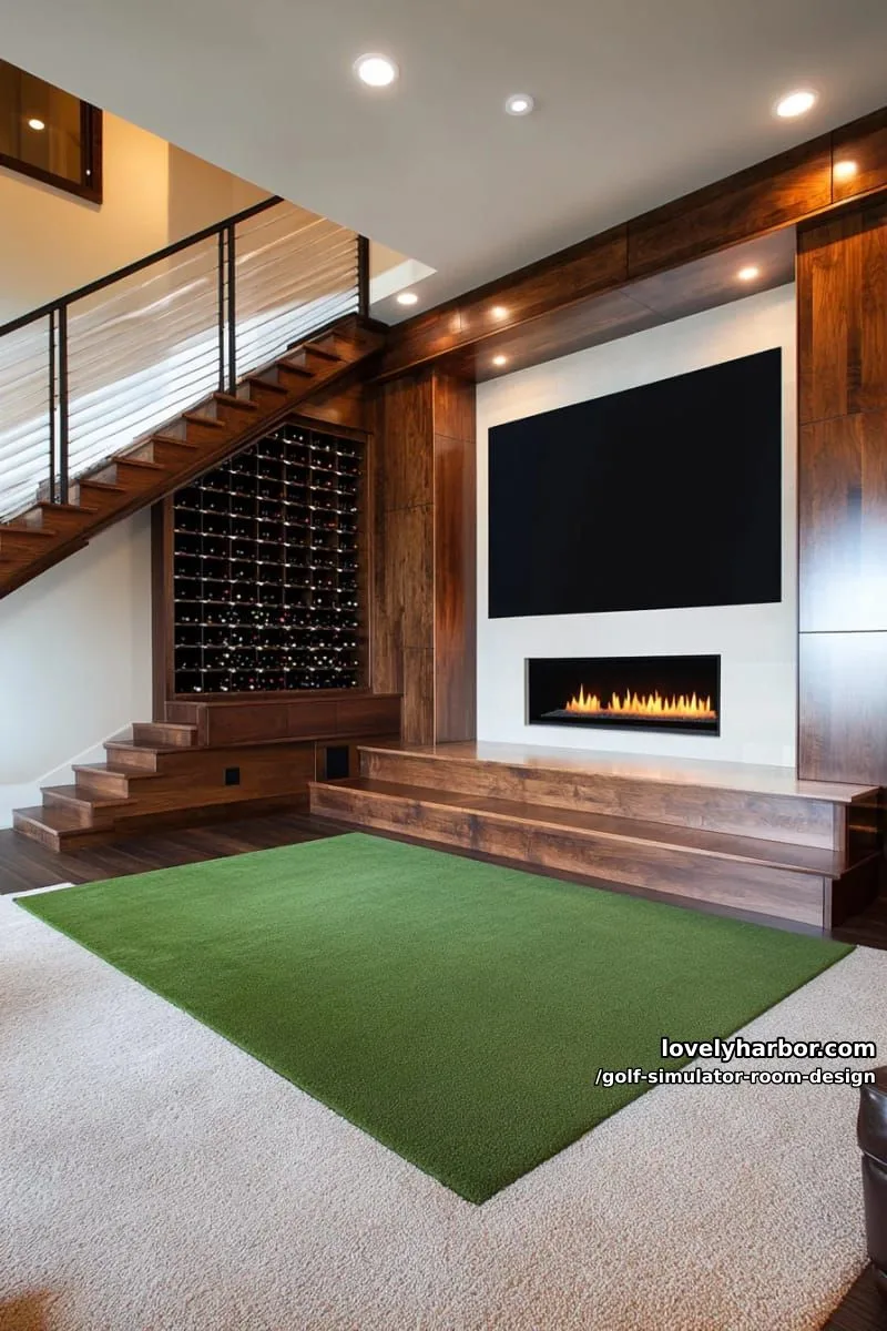 15 Chic Golf Simulator Room Designs to Help Update Your Space! 26 basement golf retreat with built-in fireplace and wine rack wall 1