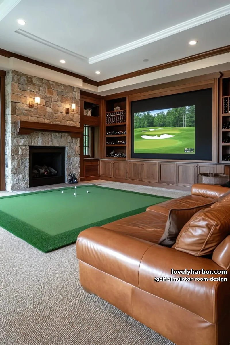 15 Chic Golf Simulator Room Designs to Help Update Your Space! 27 basement golf retreat with built-in fireplace and wine rack wall 1