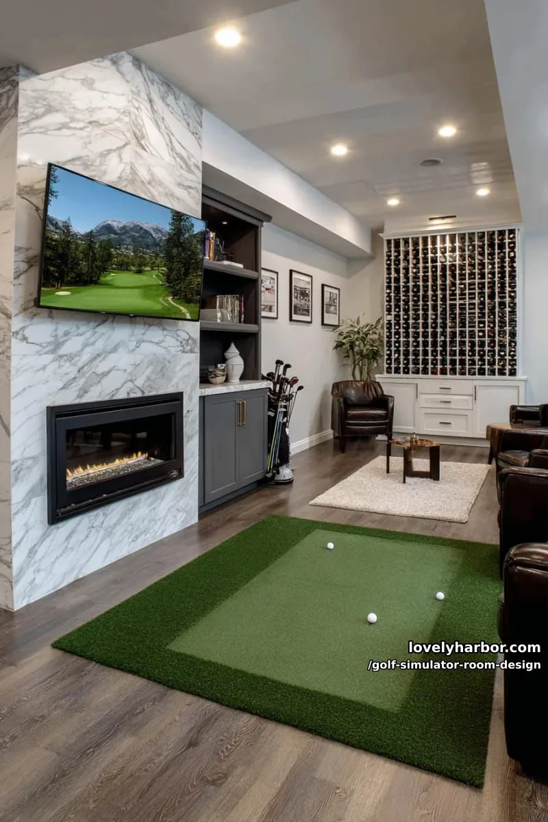 15 Chic Golf Simulator Room Designs to Help Update Your Space! 28 basement golf retreat with built-in fireplace and wine rack wall 1