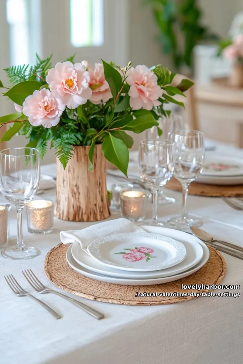 15 Natural Valentine’s Day Table Settings Perfect for a Romantic Table for Two 31 birch bark vases holding fresh pink camellias and ferns 1