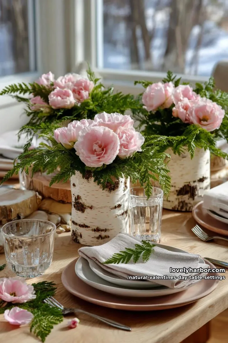 15 Natural Valentine’s Day Table Settings Perfect for a Romantic Table for Two 32 birch bark vases holding fresh pink camellias and ferns 1