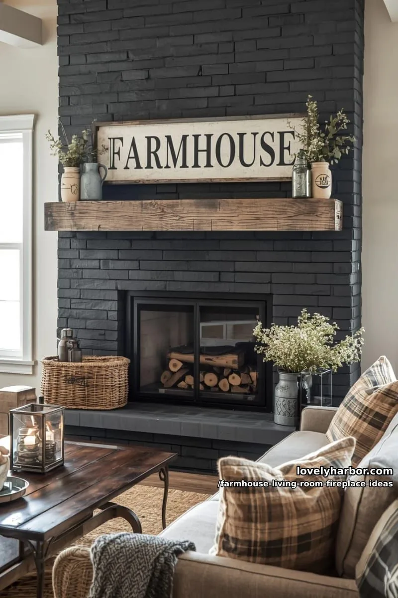 black fireplace surround with reclaimed wood beam mantle and vintage farmhouse sign 1