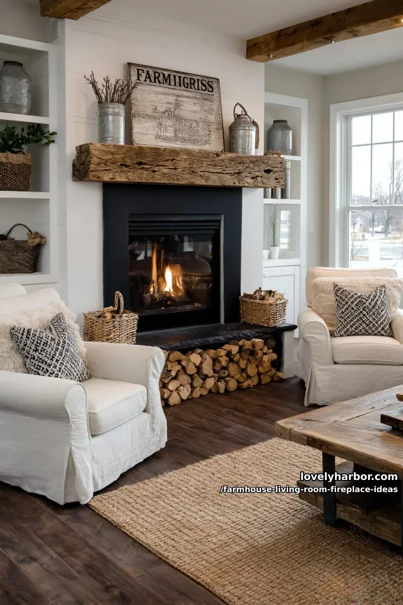 black fireplace surround with reclaimed wood beam mantle and vintage farmhouse sign 1