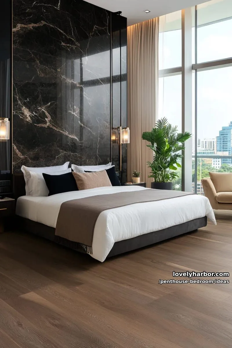black marble accent wall paired with floor-to-ceiling glass for a luxurious bedroom suite 1