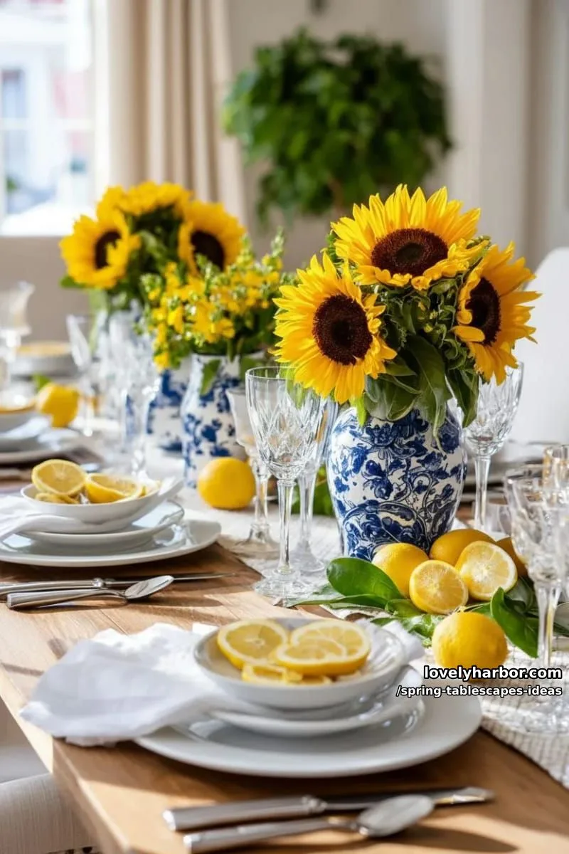 blue and white pottery vases brimming with sunflowers and lemon slices 1