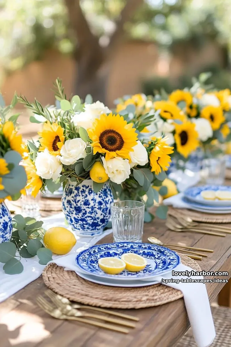 blue and white pottery vases brimming with sunflowers and lemon slices 1