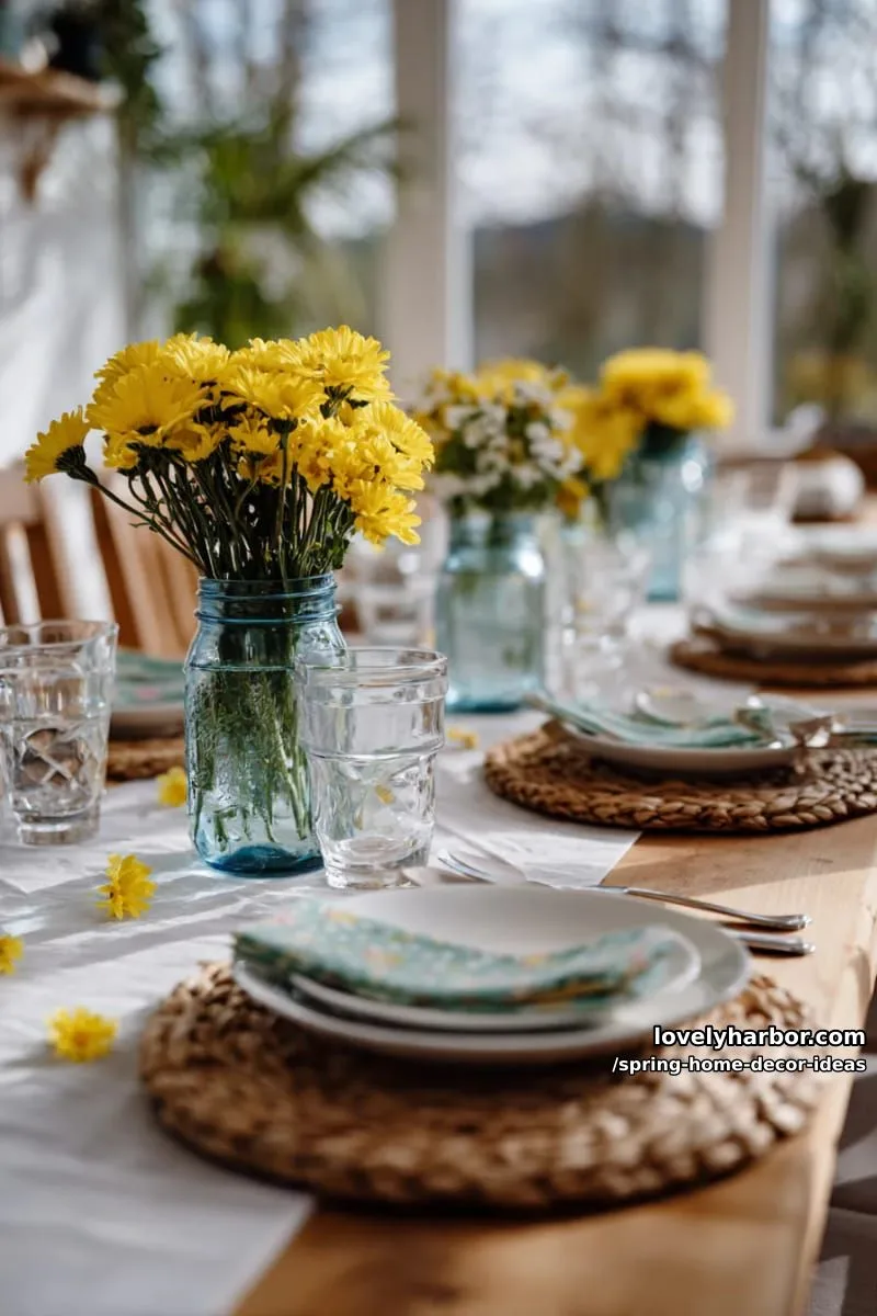 27 Gorgeous Spring Decor Ideas to Brighten Your Home 43 blue mason jar vases with yellow daisies lining a spring brunch table 1