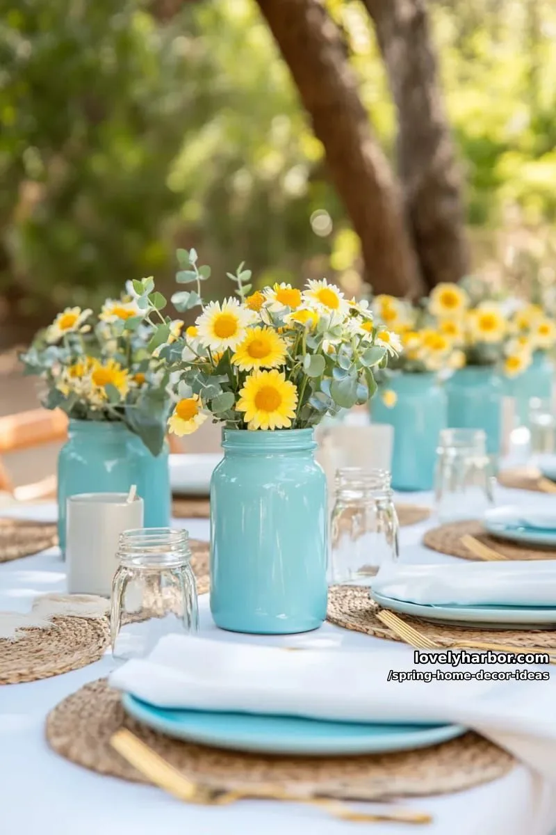 27 Gorgeous Spring Decor Ideas to Brighten Your Home 44 blue mason jar vases with yellow daisies lining a spring brunch table 1