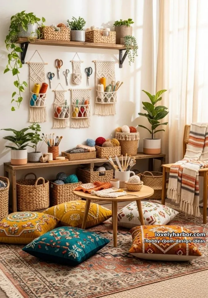 Home Office 8 bohemian craft corner with macramé organizers and woven baskets for supplies 22