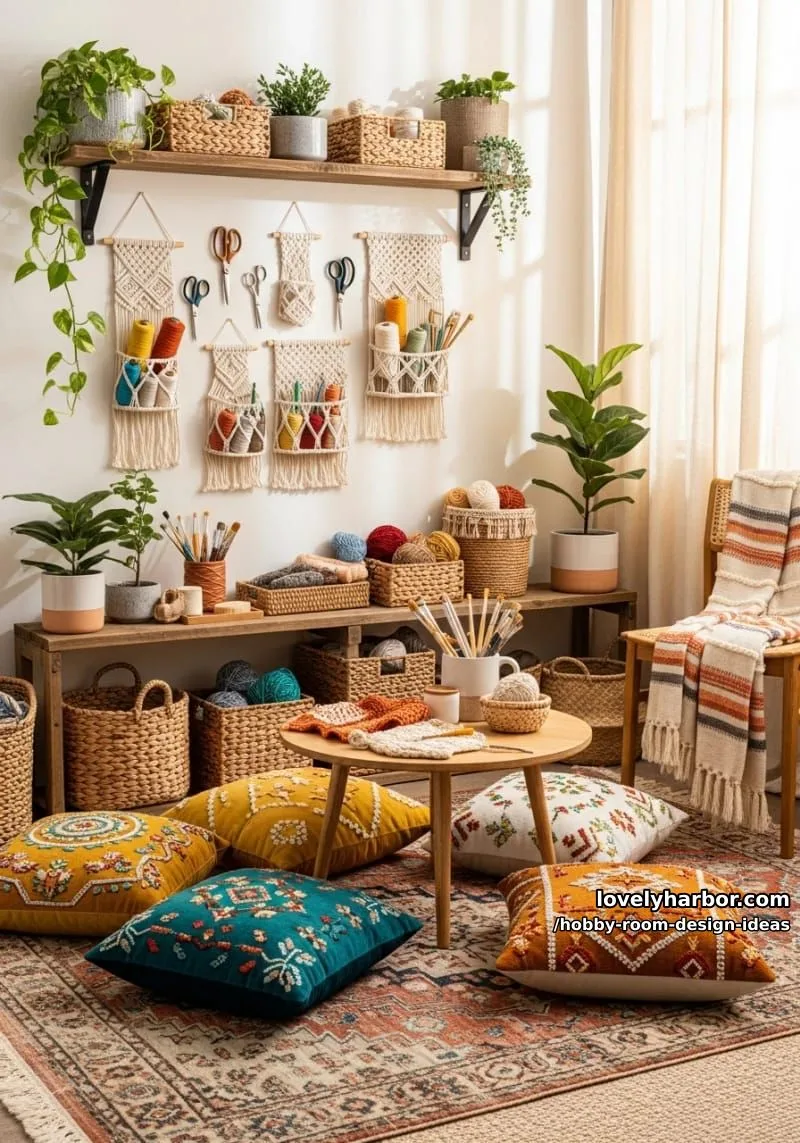 15 Inspiring Hobby Room Design Ideas You’ll Love 22 bohemian craft corner with macramé organizers and woven baskets for supplies 1