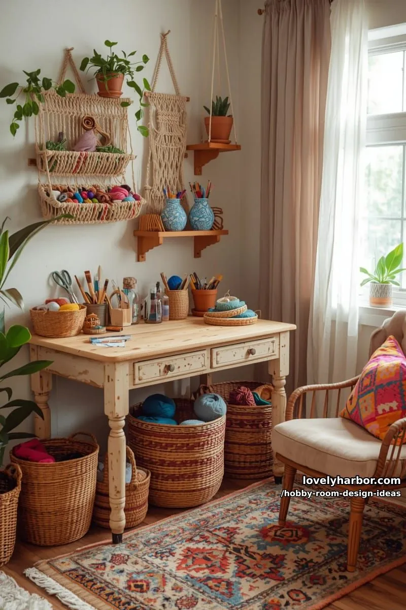 15 Inspiring Hobby Room Design Ideas You’ll Love 23 bohemian craft corner with macramé organizers and woven baskets for supplies 1