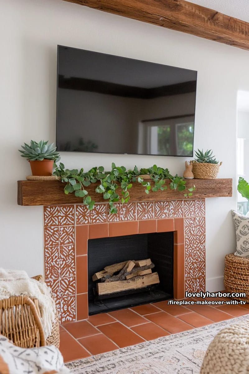 15 Elegant Ideas for Fireplace Makeover with TV 31 boho fireplace update with terracotta tile, tv, and woven baskets 1