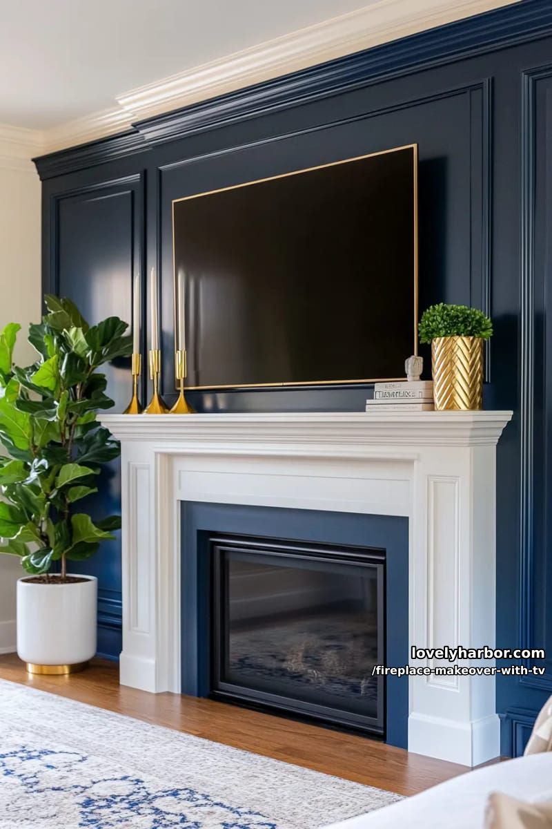 15 Elegant Ideas for Fireplace Makeover with TV 35 bold navy painted fireplace with tv inset and gold decor 1