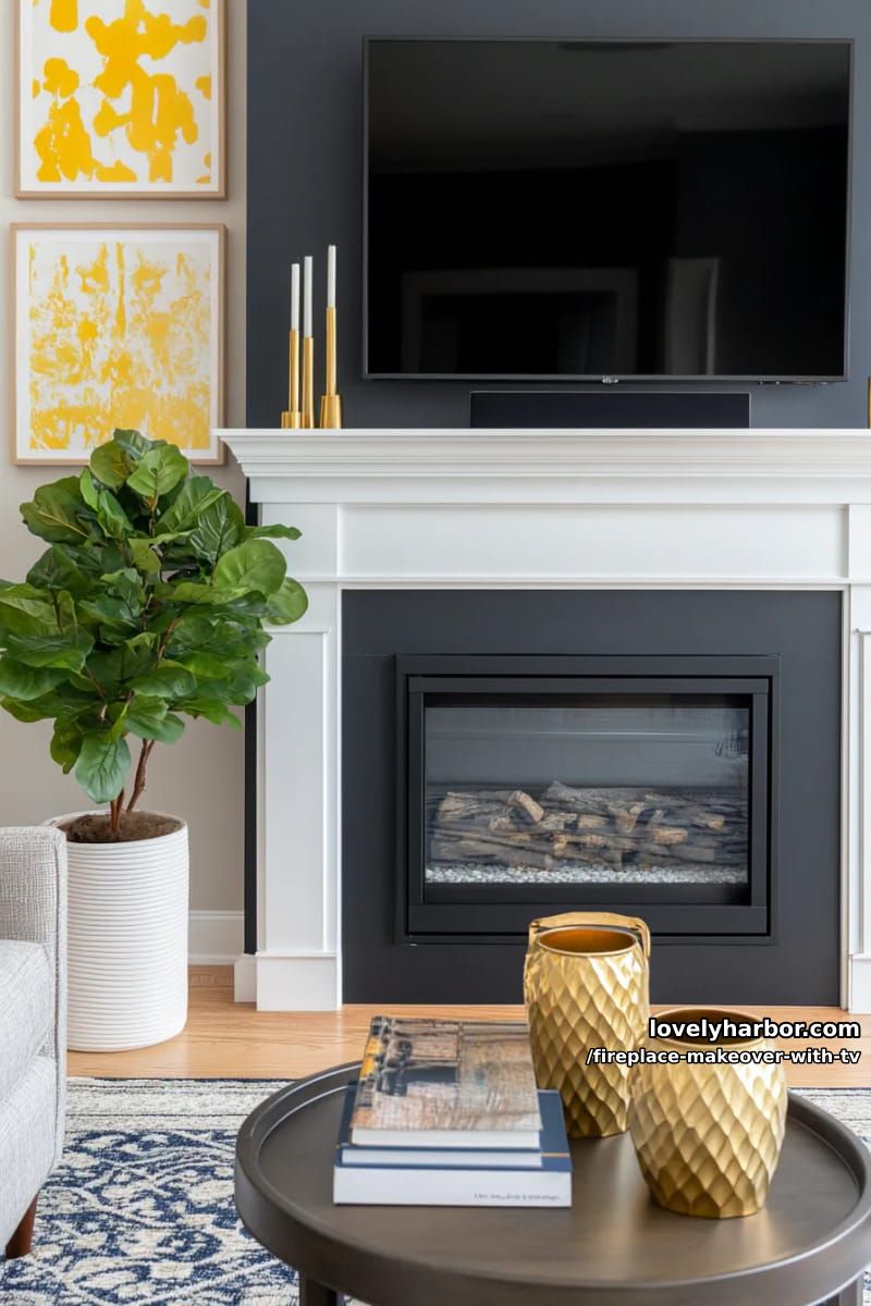 15 Elegant Ideas for Fireplace Makeover with TV 36 bold navy painted fireplace with tv inset and gold decor 1