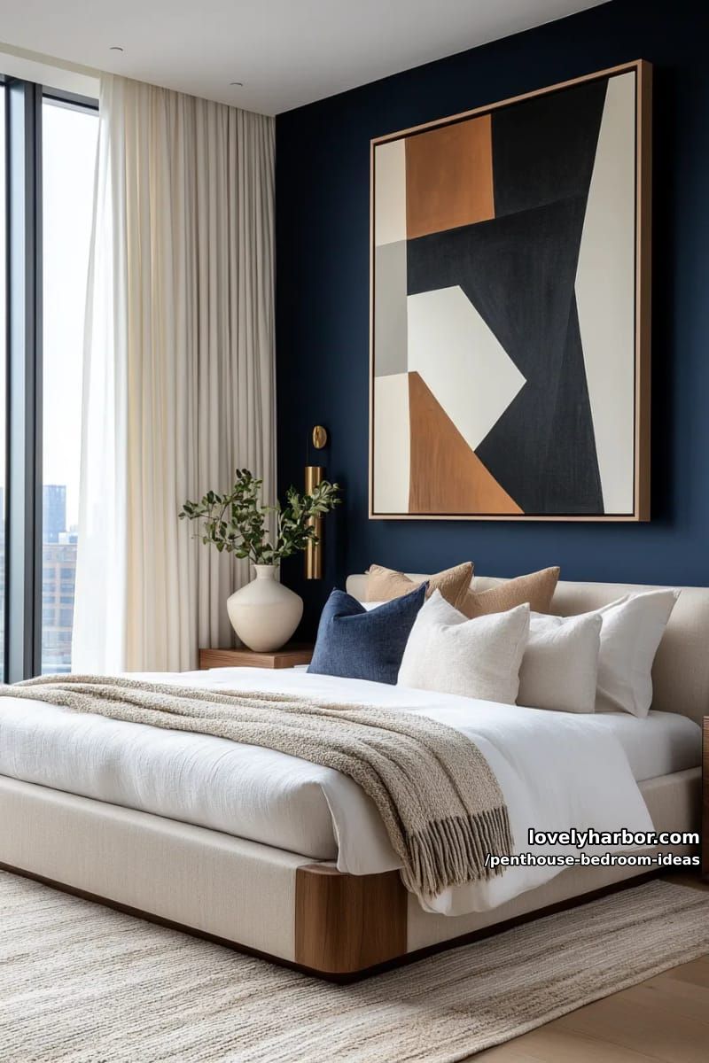 27 Modern Penthouse Bedroom Ideas That Wow 68 bold two-tone wall color blocking with oversized geometric art and sculpted vases 1