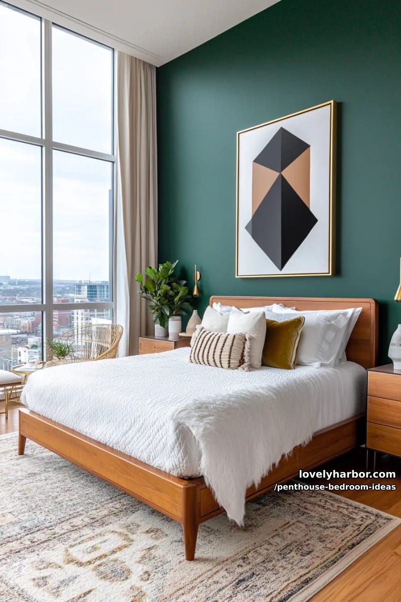 27 Modern Penthouse Bedroom Ideas That Wow 69 bold two-tone wall color blocking with oversized geometric art and sculpted vases 1