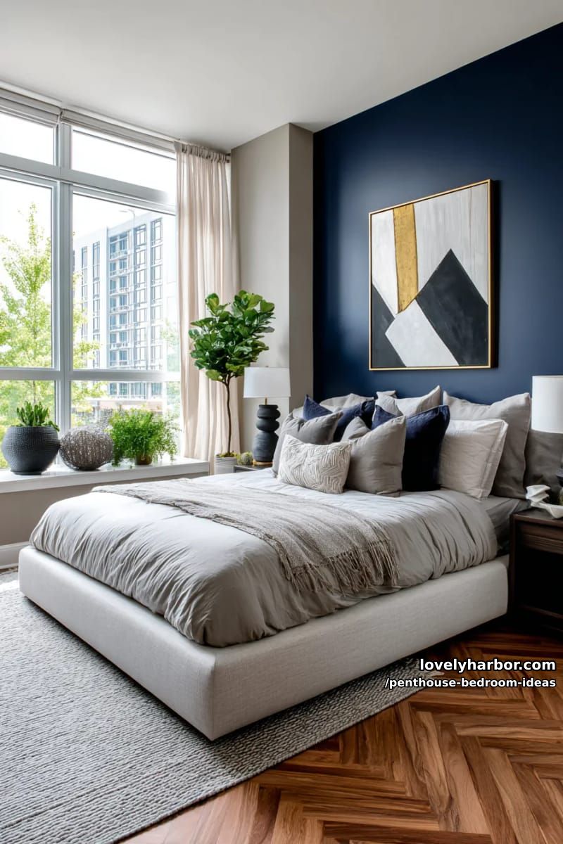 27 Modern Penthouse Bedroom Ideas That Wow 70 bold two-tone wall color blocking with oversized geometric art and sculpted vases 1