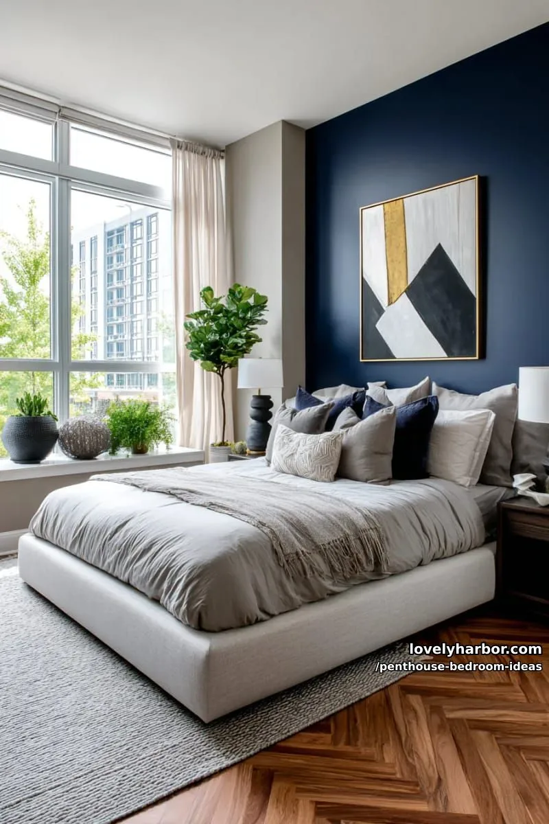 bold two-tone wall color blocking with oversized geometric art and sculpted vases 1