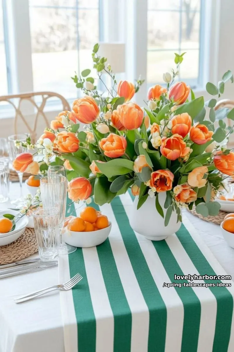 bright orange tulip clusters in modern white vases with striped linens 1