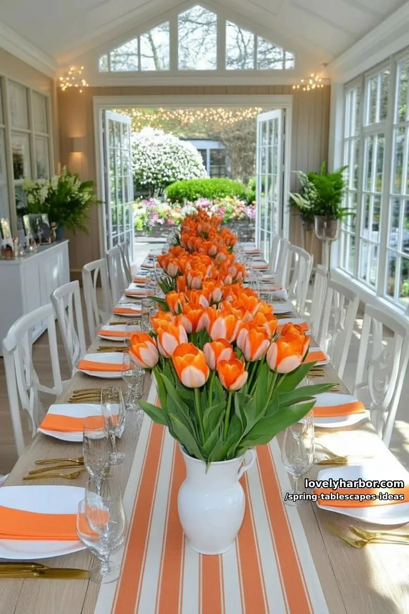 bright orange tulip clusters in modern white vases with striped linens 1