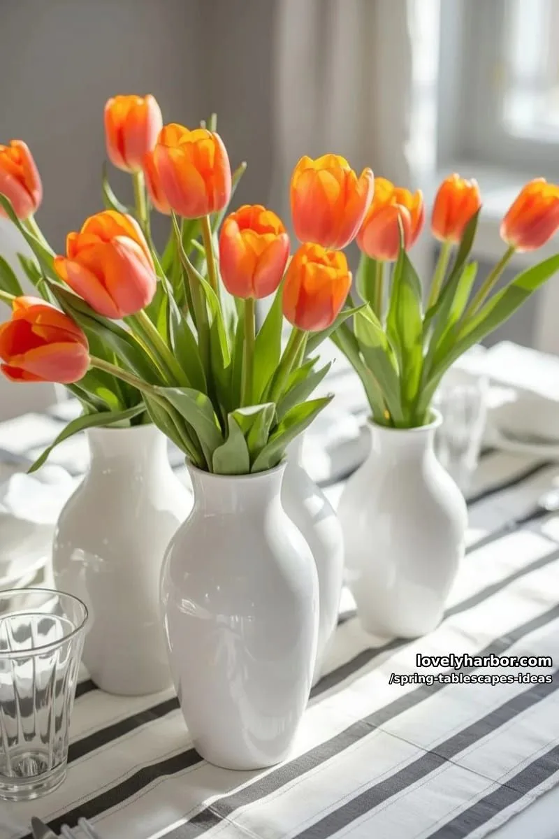 bright orange tulip clusters in modern white vases with striped linens 1