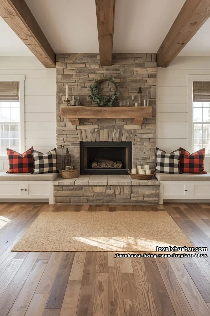 built-in bench seating flanking the hearth with buffalo check pillows 1