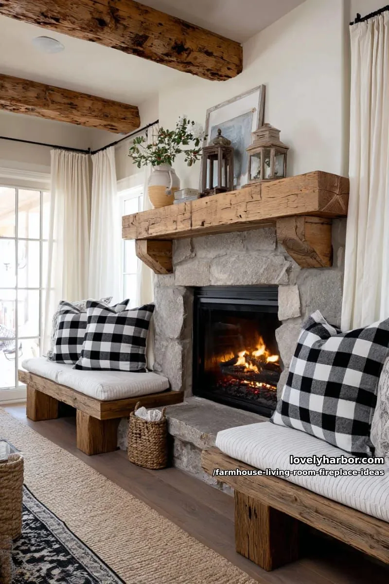 built-in bench seating flanking the hearth with buffalo check pillows 1
