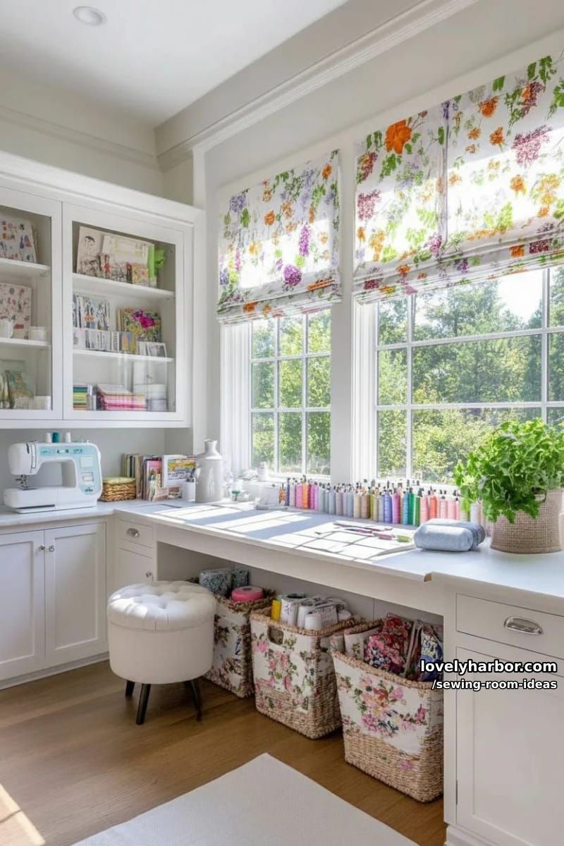 built-in cutting table with under-table cubbies for thread and pattern storage 1