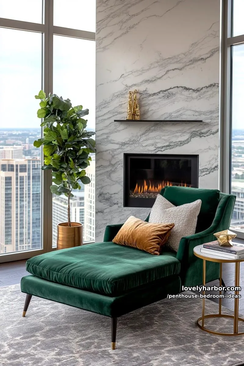 built-in fireplace beside a velvet chaise lounge for a cozy, adult bedroom vibe 1