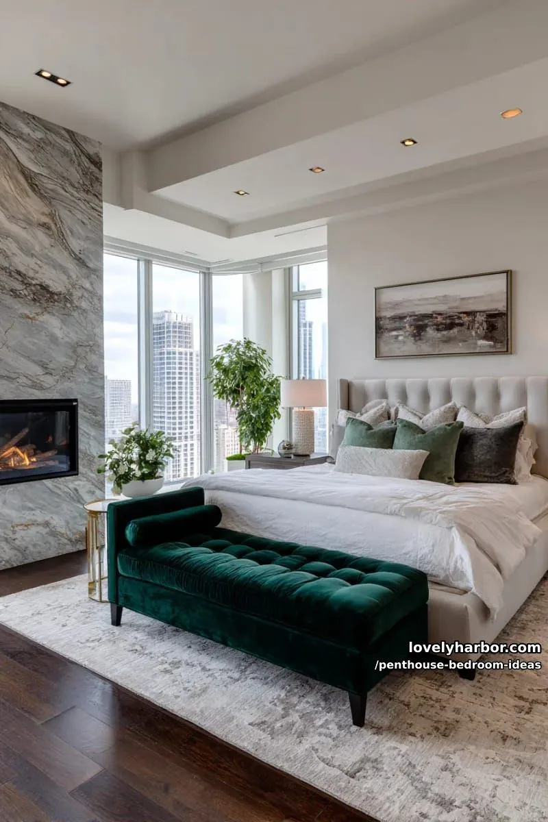 built-in fireplace beside a velvet chaise lounge for a cozy, adult bedroom vibe 1