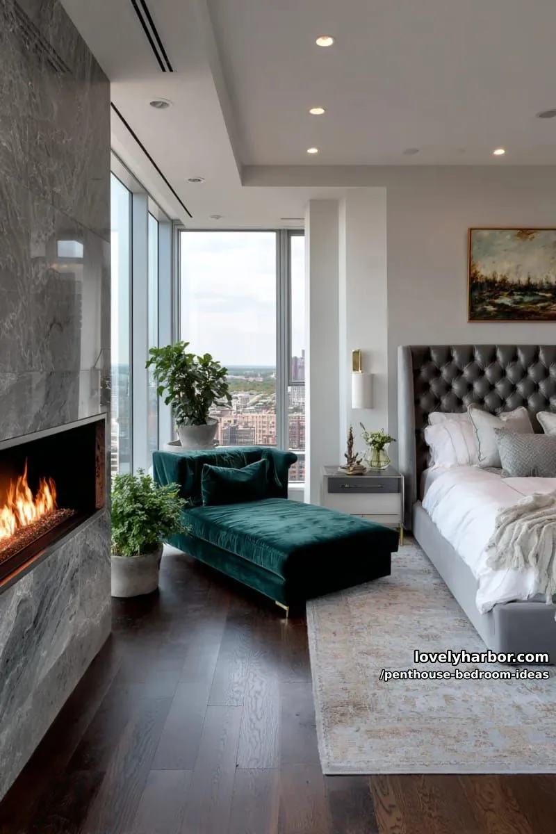 built-in fireplace beside a velvet chaise lounge for a cozy, adult bedroom vibe 1