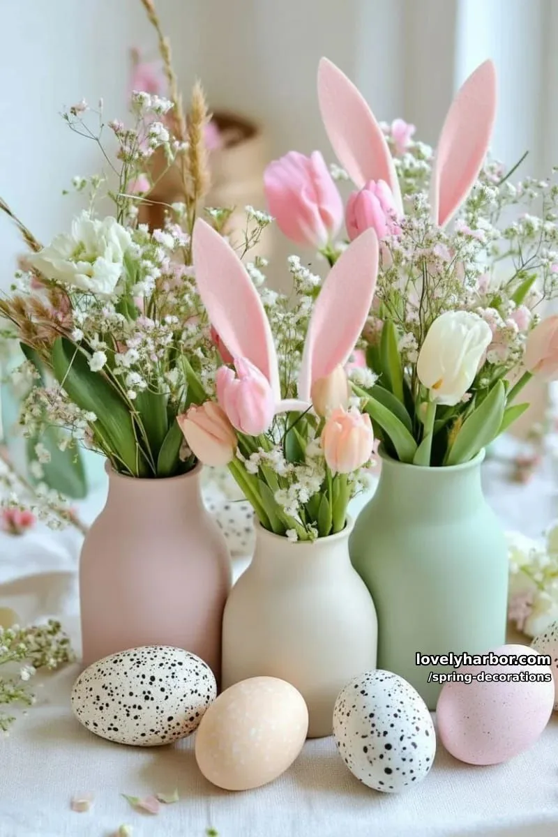 bunny-eared floral arrangements in soft pastel vases 1