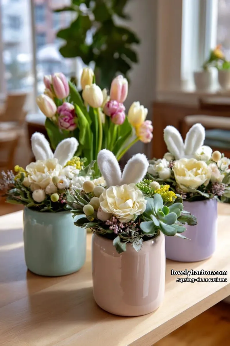 bunny-eared floral arrangements in soft pastel vases 1