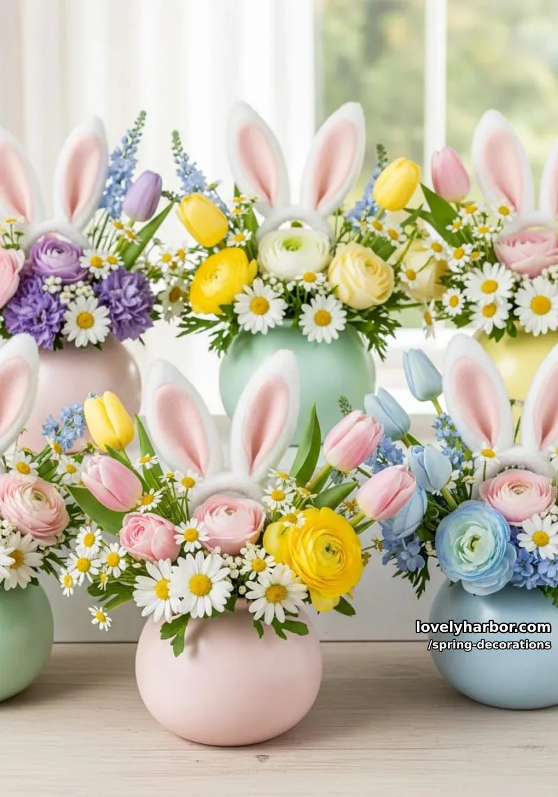 bunny-eared floral arrangements in soft pastel vases 1