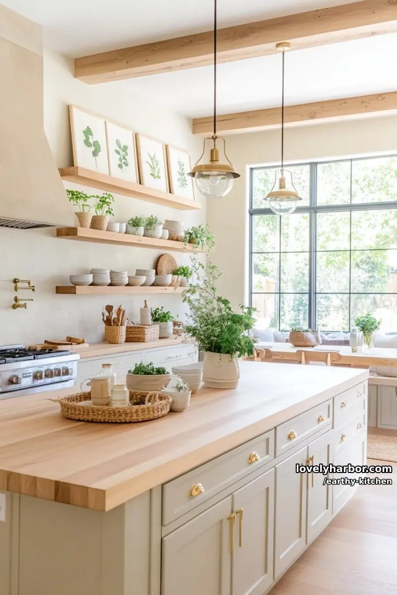 butcher block countertop paired with soft beige walls and botanical prints 1