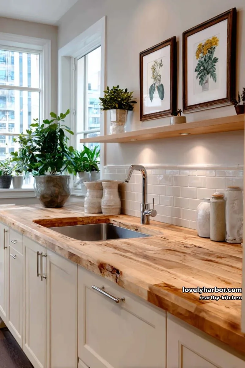 butcher block countertop paired with soft beige walls and botanical prints 1