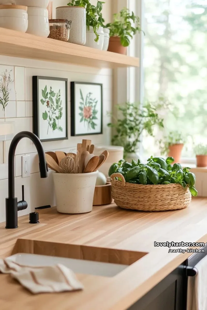butcher block countertop paired with soft beige walls and botanical prints 1