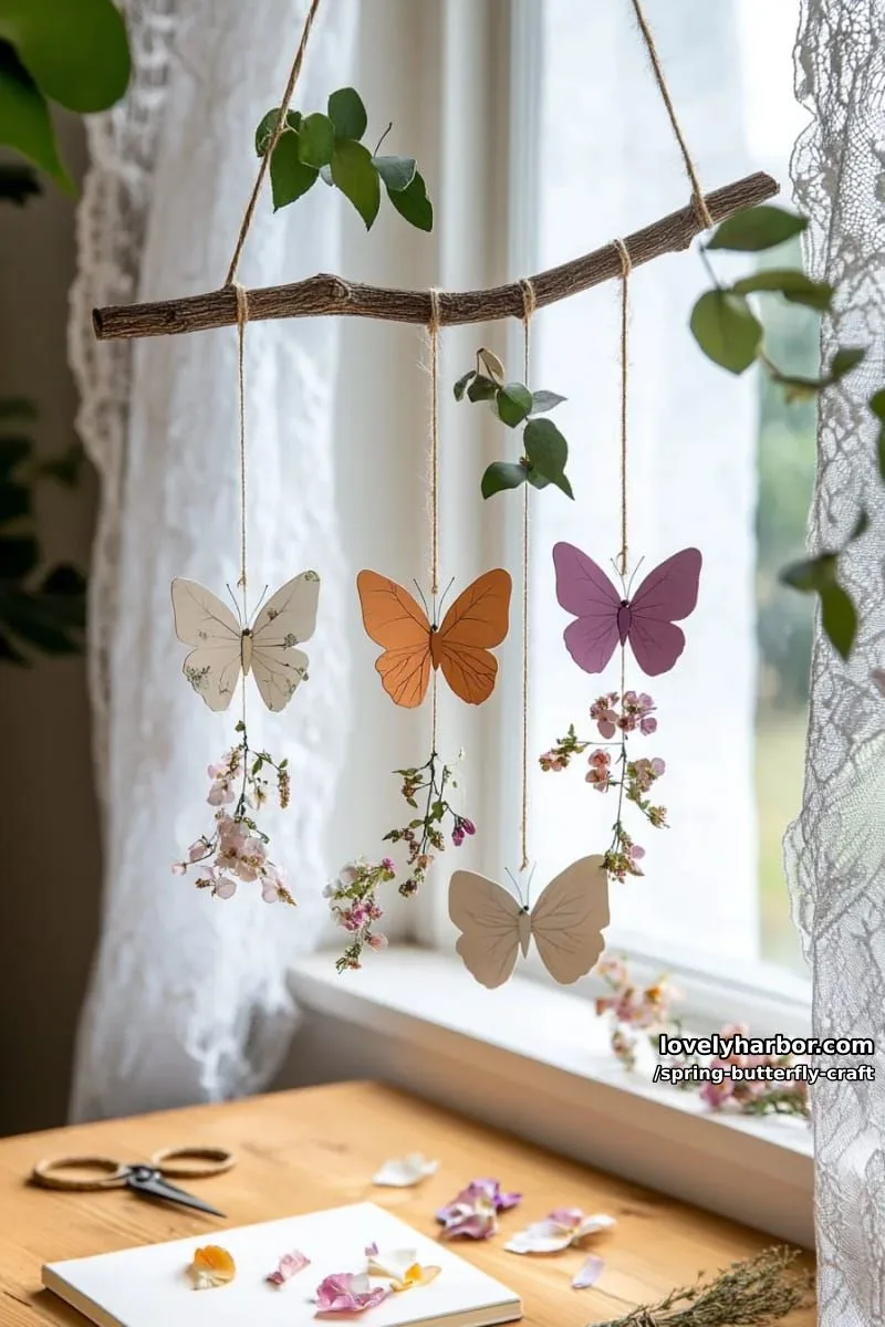 butterfly garden mobile from pressed flowers and painted paper wings 1