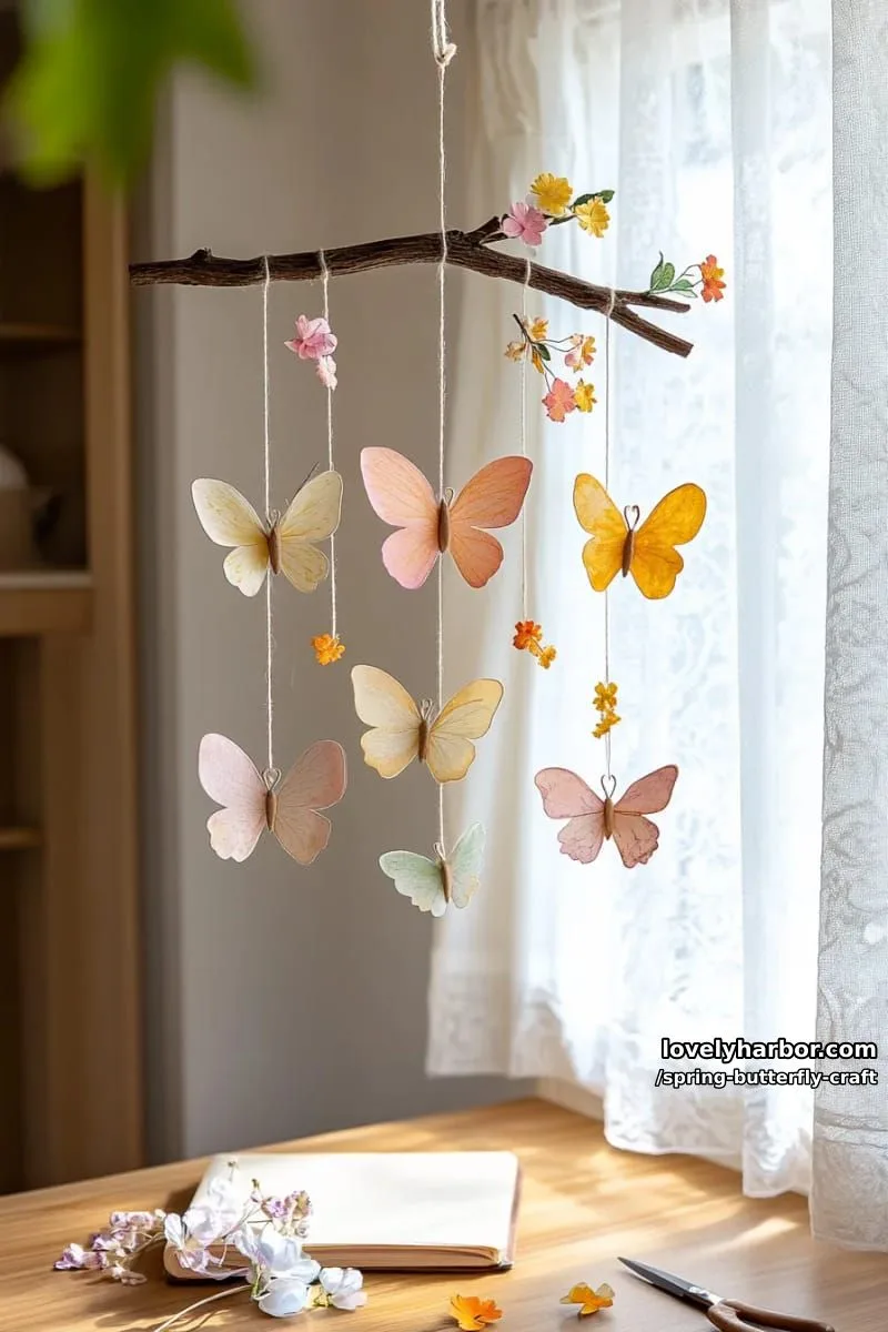 butterfly garden mobile from pressed flowers and painted paper wings 1