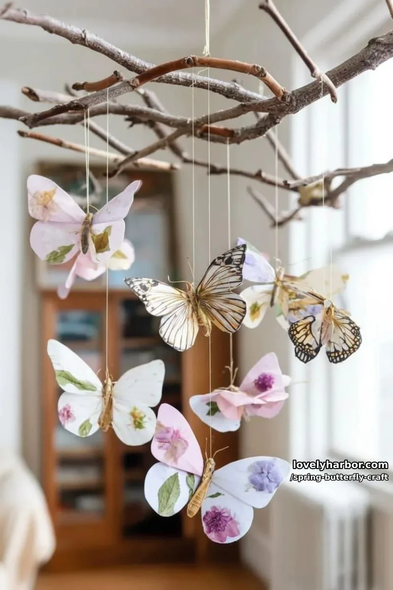 butterfly garden mobile from pressed flowers and painted paper wings 1
