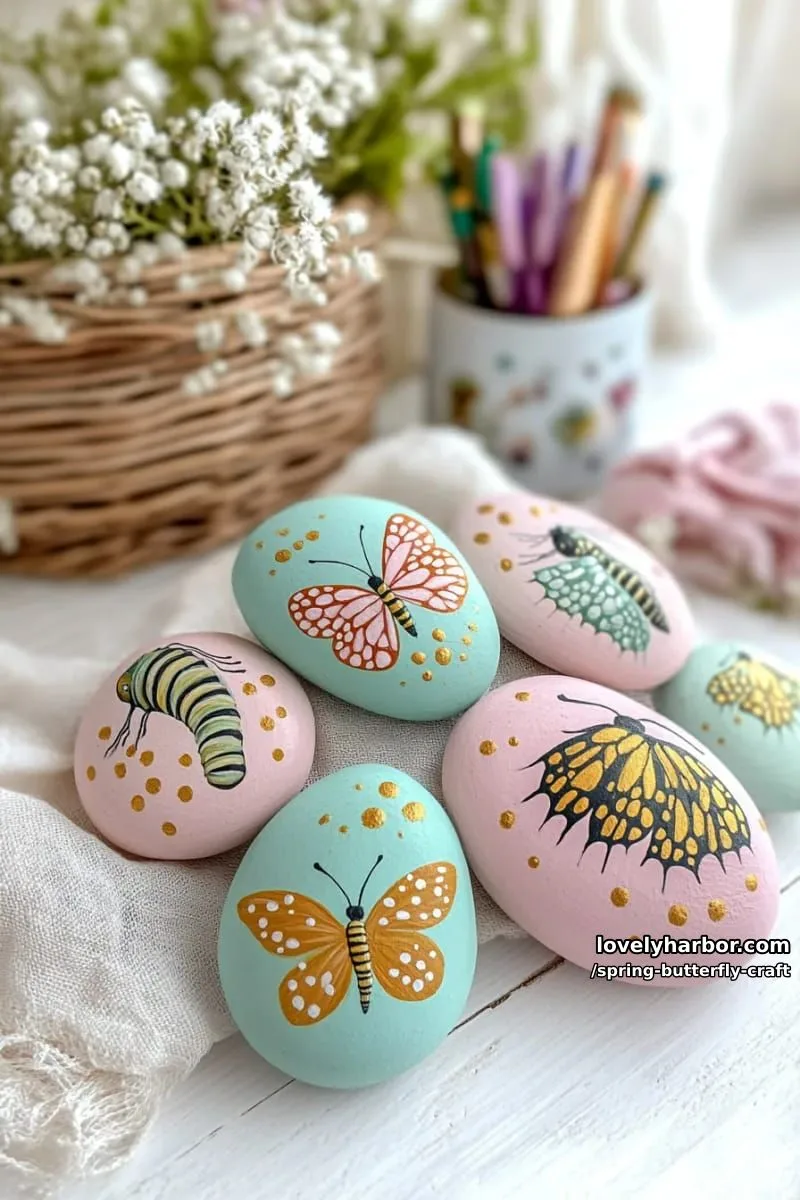 butterfly life cycle story stones painted in spring pastel colors 1