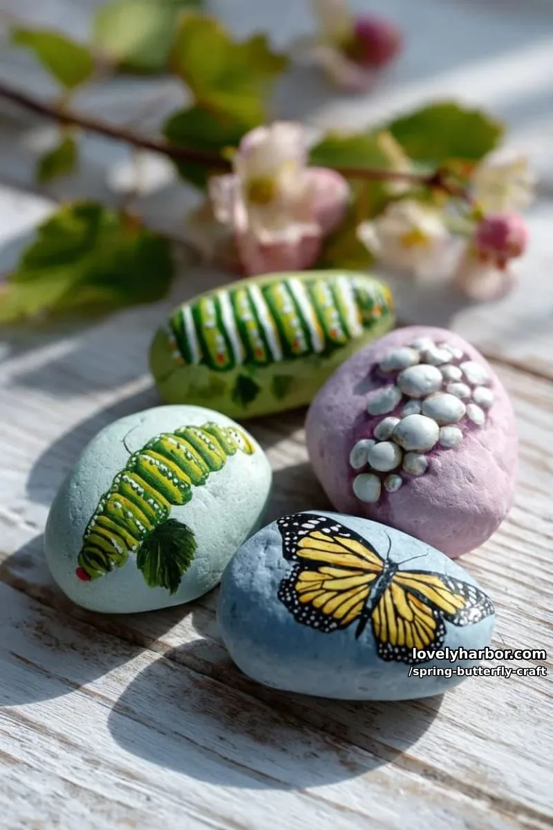 butterfly life cycle story stones painted in spring pastel colors 1