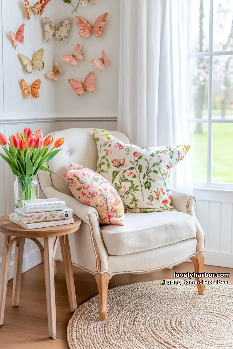 27 Gorgeous Spring Decor Ideas to Brighten Your Home 37 butterfly wall decals fluttering above a floral accent chair for a playful nook 1