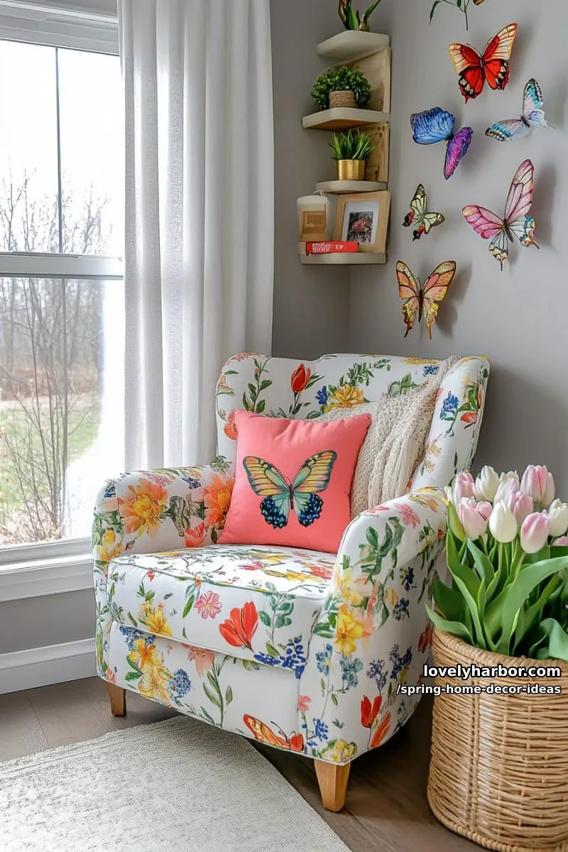 27 Gorgeous Spring Decor Ideas to Brighten Your Home 38 butterfly wall decals fluttering above a floral accent chair for a playful nook 1