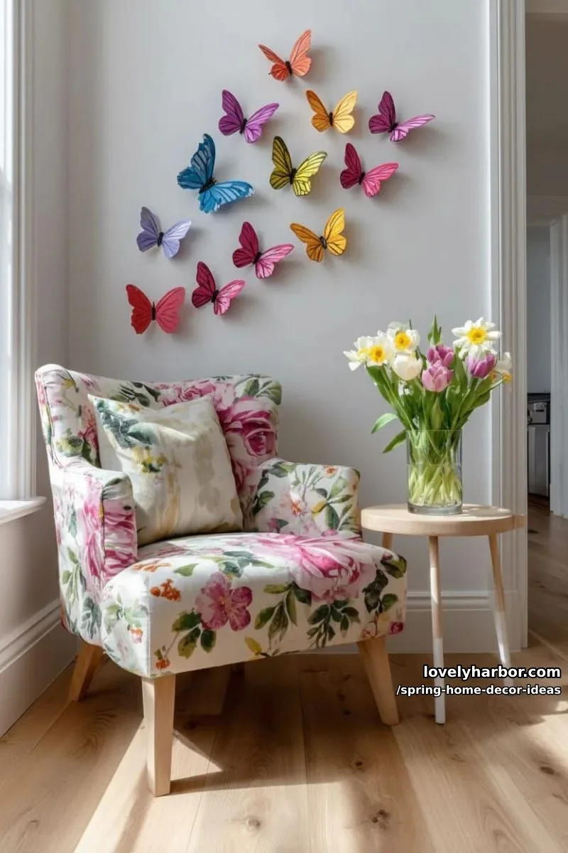 27 Gorgeous Spring Decor Ideas to Brighten Your Home 39 butterfly wall decals fluttering above a floral accent chair for a playful nook 1