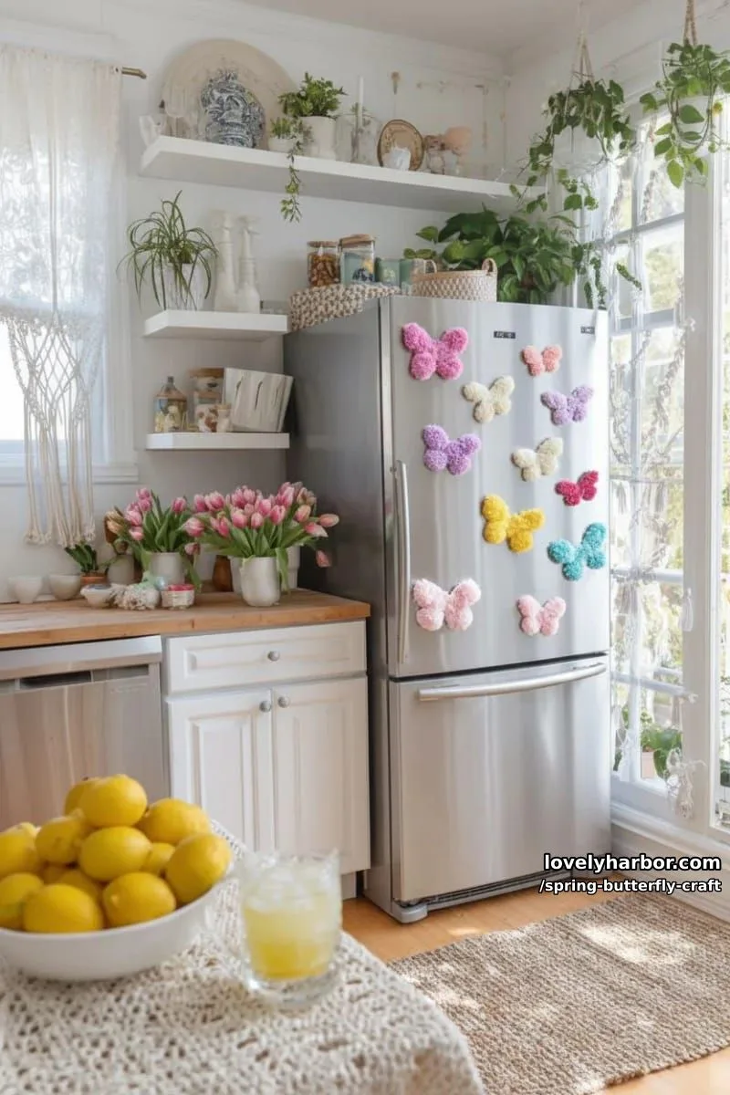 button and pom-pom butterfly magnets for decorating the fridge in spring 1