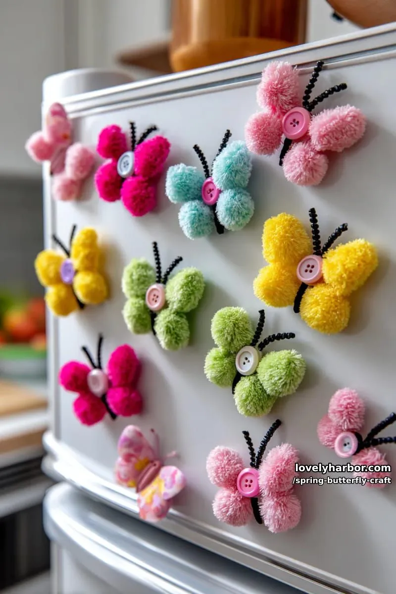button and pom-pom butterfly magnets for decorating the fridge in spring 1