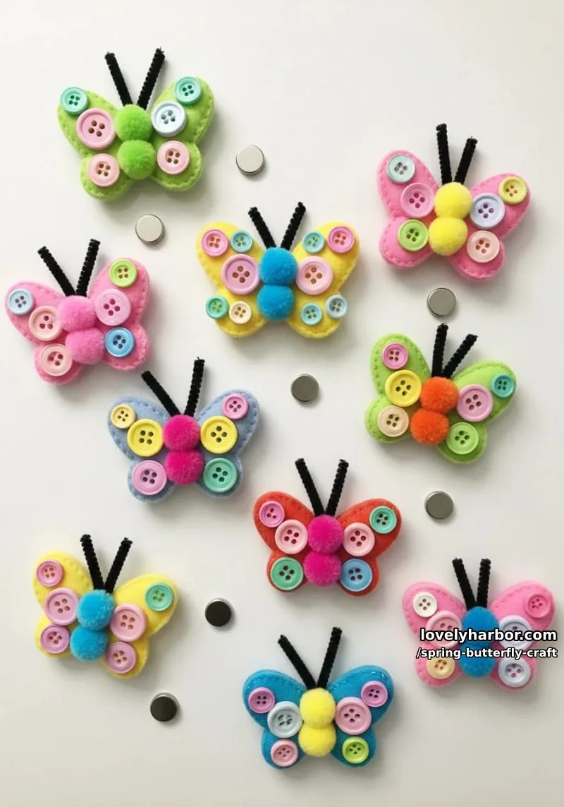 button and pom-pom butterfly magnets for decorating the fridge in spring 1
