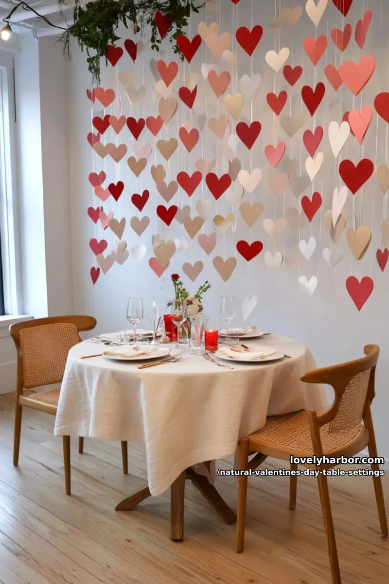 15 Natural Valentine’s Day Table Settings Perfect for a Romantic Table for Two 59 candlelit sweethearts table set under a canopy of hanging paper hearts 1